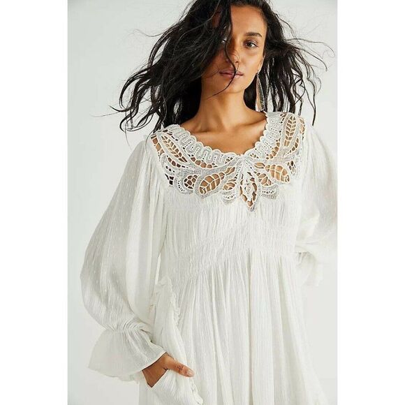 NWT FREE PEOPLE LENA LACE MINI DRESS CROCHET GAUZE IN IVORY - Picture 2 of 4